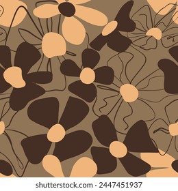 Abstract Line Drawing Beautiful Spring Summer Large Daisy Flowers Seamless Vector Pattern Isolated Background