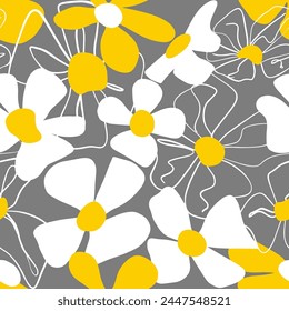 Abstract Line Drawing Beautiful Spring Summer Large Daisy Flowers Seamless Vector Pattern Isolated Background