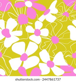Línea Abstractas Dibujo Hermoso Primavera Verano Grande Daisy Flowers Patrón De Vector Sin Costura Fondo Aislado