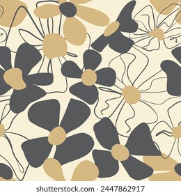 Abstract Line Drawing Beautiful Spring Summer Large Daisy Flowers Seamless Vector Pattern Isolated Background