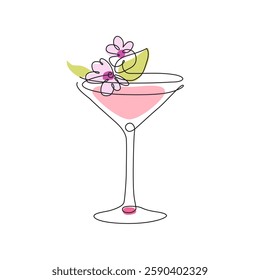 Abstract line drawing of Cherry Martini Blossom cocktail in pastel pink colors, suitable for cards, textiles or scrapbooking.