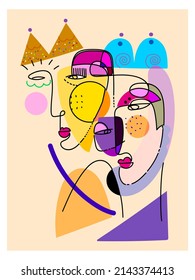 Abstract line drawing colorful faces portrait vector illustration. Isolated on white background.