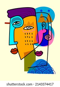 Abstract line drawing colorful faces portrait vector illustration. Isolated on white background.