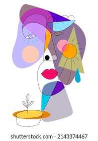 Abstract line drawing colorful faces portrait vector illustration. Isolated on white background.