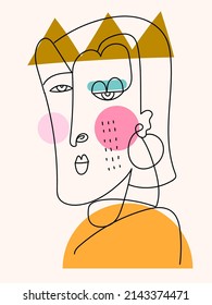 Abstract line drawing colorful faces portrait vector illustration. Isolated on white background.