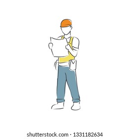 Abstract line drawing of construction worker. Construction worker character illustration in line hand drawn style.   Vector