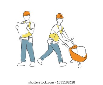 Abstract line drawing of construction workers. Construction workers character illustration in line hand drawn style. Vector