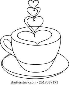 Abstract line drawing of cup with plate, hand drawn without artificial intelligence