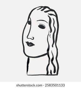 Abstract line drawing of a face with long hair. Minimalist black and white art. Simplistic and artistic design. Monochrome abstract face illustration. Vintage woman illustration vector.