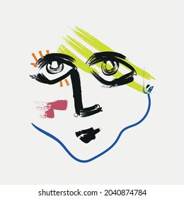 abstract line drawing faces. Female line portrait and colorful organic forms, beauty and fashion simple hand drawn vector illustration