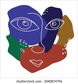 caras abstractas de dibujo de línea. Retrato de línea femenina y formas orgánicas coloridas, belleza y moda simple ilustración de vector a mano