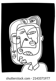 Abstract line drawing faces portrait vector illustration. Isolated on black and white background.