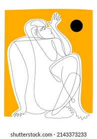 Abstract line drawing faces portrait vector illustration. Isolated on yellow background.