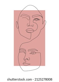 abstract line drawing faces set, female faces drawing, illustration in linear style