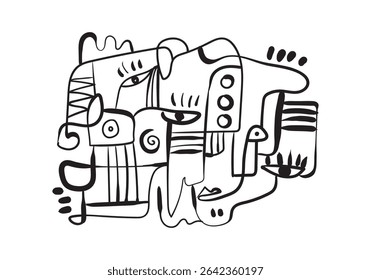 abstract line drawing features multiple faces and eyes