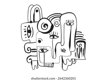 abstract line drawing features multiple faces and eyes