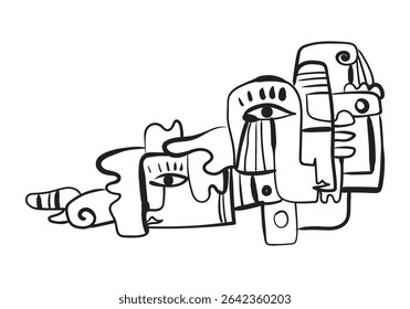 abstract line drawing features multiple faces and eyes