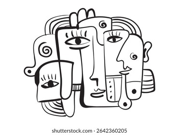abstract line drawing features multiple faces and eyes