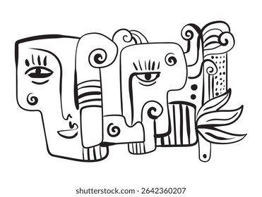 abstract line drawing features multiple faces and eyes