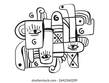 abstract line drawing features multiple faces and eyes