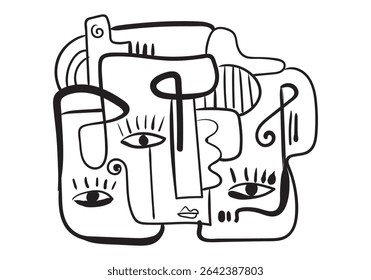 abstract line drawing features multiple superimposed and interlocked facial elements