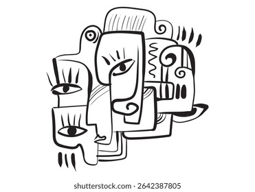 desenho de linha abstrato apresenta vários elementos faciais sobrepostos e encravados