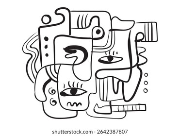 desenho de linha abstrato apresenta vários elementos faciais sobrepostos e encravados