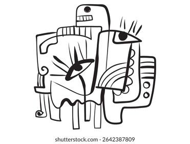 desenho de linha abstrato apresenta vários elementos faciais sobrepostos e encravados