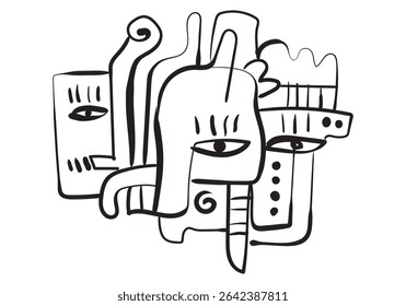 desenho de linha abstrato apresenta vários elementos faciais sobrepostos e encravados