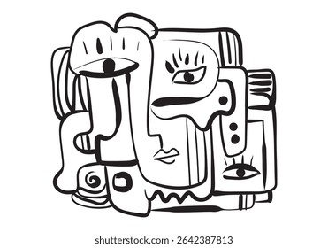 desenho de linha abstrato apresenta vários elementos faciais sobrepostos e encravados