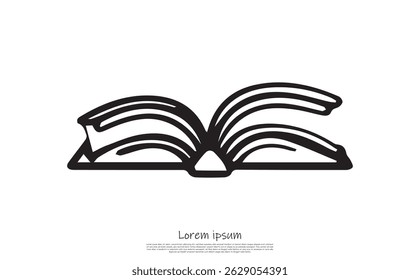 Abstract line drawing features an open book in black on a transparent backdrop. The pages fan out in a stylized vector form.