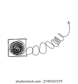 Abstract line drawing featuring a tangled knot and a flowing arrow