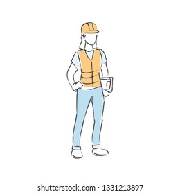 Abstract line drawing female construction worker. Construction worker holding check board illustration in line hand drawn style.  Vector