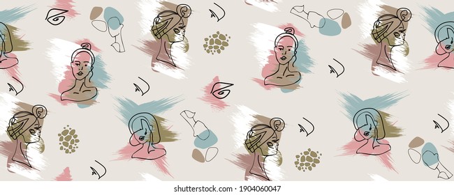 Dibujo de líneas abstractas de rostros femeninos y formas geométricas que repiten patrones vectoriales con fondo aislado