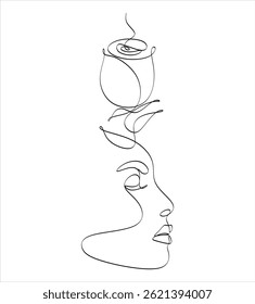 Abstract line drawing of a girl's face with a rose can be used for tattoos, logos, avatars, hand-drawn without artificial intelligence