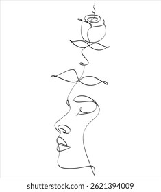 Abstract line drawing of a girl's face with a rose can be used for tattoos, logos, avatars, hand-drawn without artificial intelligence