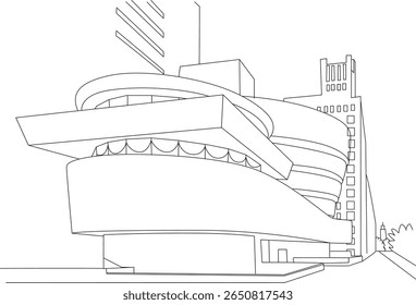 Abstract line drawing of the Guggenheim Museum in NYC, a famous landmark known for its unique modern architecture and artistic design.