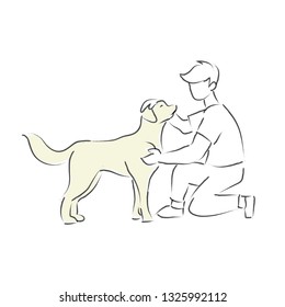 Abstract line drawing a Man adopts a dog. Owner and pet illustration in line hand drawn style. Pet store Sketch Vector illustration - Vector
