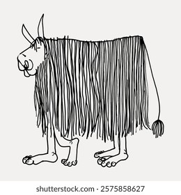 Abstract line drawing of a mythical creature with long hair, horns, and hooves. The creature's unique design features flowing hair and distinct horns. Vintage illustration isolated on white, vector.