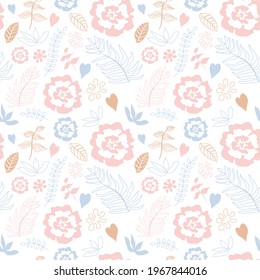 Abstract line drawing pattern with flowers. Minimalistic style line drawing flowers, leaves, hearts on white background. Pastel color elements