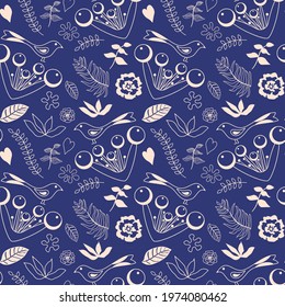 Abstract line drawing pattern with flowers and birds. Minimalistic style line drawing birds, flowers, leaves, hearts, berries on deep blue background
