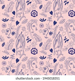 Abstract line drawing pattern. Portrait minimalistic style. Surrealistic line drawing abstract faces, leaves, hearts. Modern continuous line art on pink background
