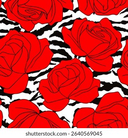 Abstract Line Drawing Roses Seamless Vector Pattern with Zebra Tiger Stripes Isolated Background