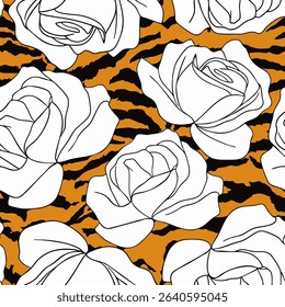 Abstract Line Drawing Roses Seamless Vector Pattern with Zebra Tiger Stripes Isolated Background