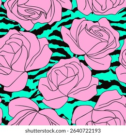 Abstract Line Drawing Roses Seamless Vector Pattern with Zebra Tiger Stripes Isolated Background