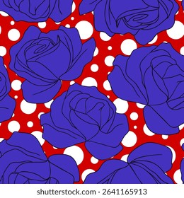 Abstract Line Drawing Roses Seamless Vector Pattern with Random Polka Dots Isolated Background