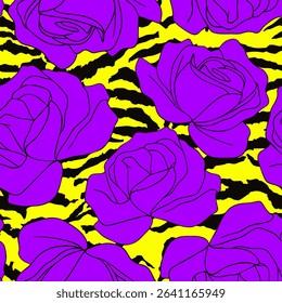 Abstract Line Drawing Roses Seamless Vector Pattern with Zebra Tiger Stripes Isolated Background