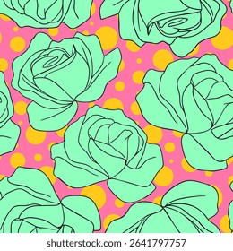 Abstract Line Drawing Roses Seamless Vector Pattern with Random Polka Dots Isolated Background