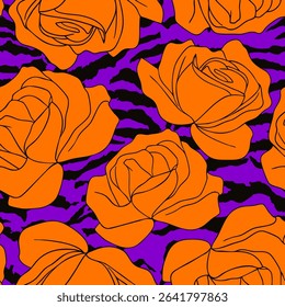 Abstract Line Drawing Roses Seamless Vector Pattern with Zebra Tiger Stripes Isolated Background