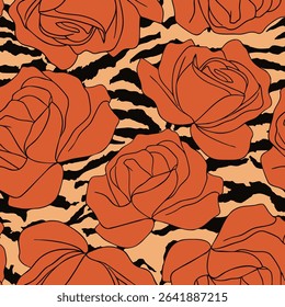 Abstract Line Drawing Roses Seamless Vector Pattern with Zebra Tiger Stripes Isolated Background